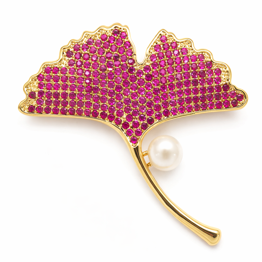 Broche Ginkgo Zirconium Fuchsia