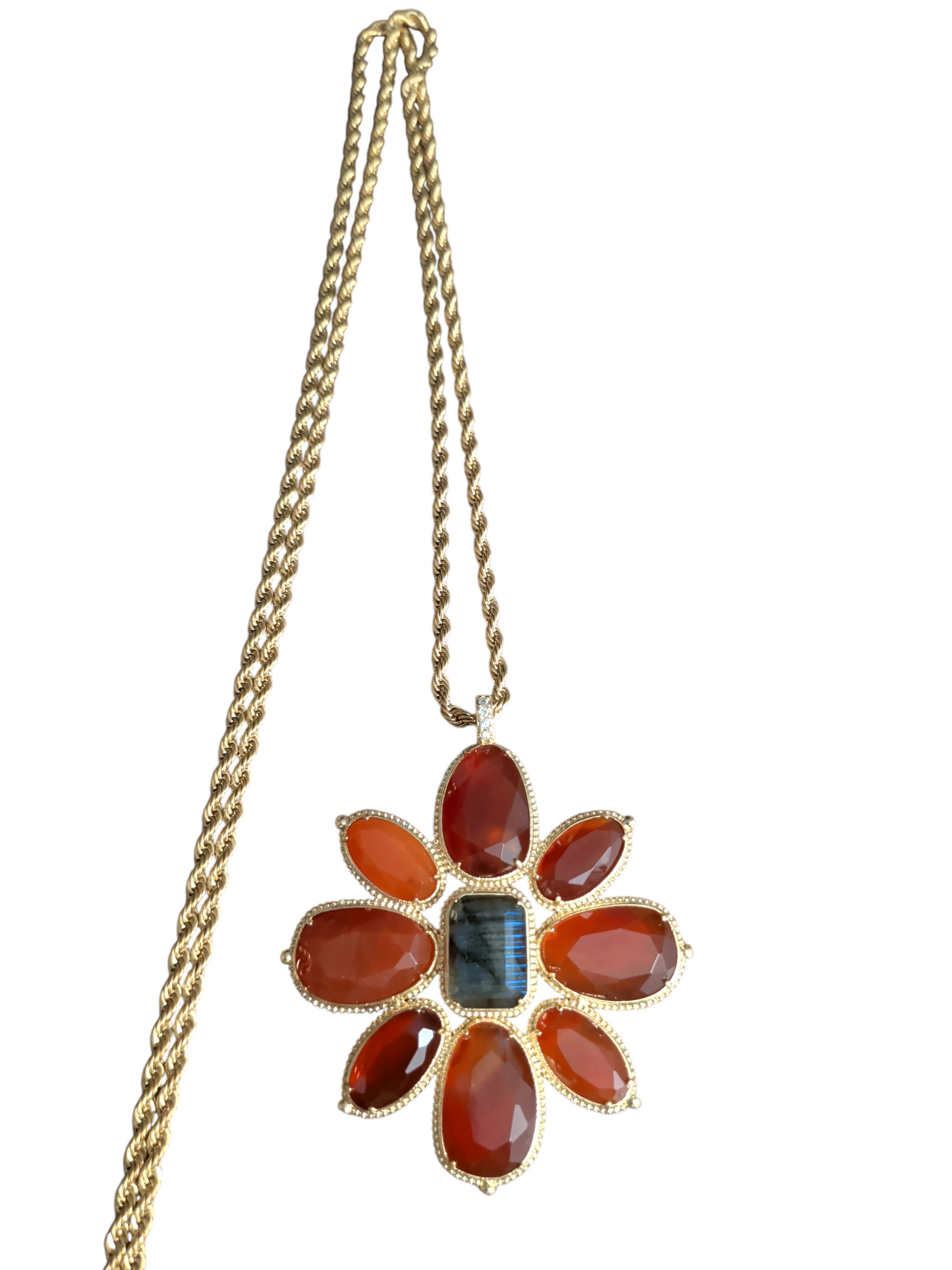 Collier Maille Acier Pendentif Fleur Pierres Naturelles Cornaline Labradorite