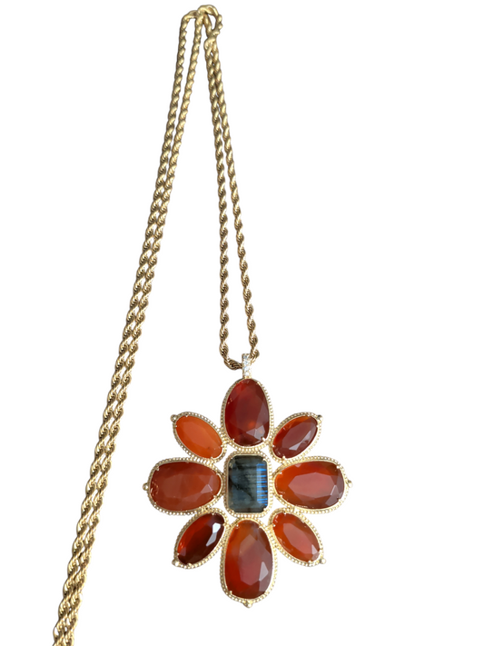 Collier Maille Acier Pendentif Fleur Pierres Naturelles Cornaline Labradorite